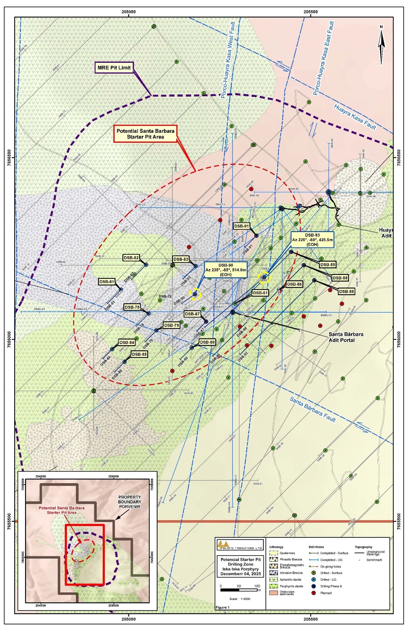 Location Map of Definition Diamond Drill Holes, Santa Barbara zone, Iska Iska. The yellow circles highlight the location of holes DSB-90 and DSB-93 referred to in this release.