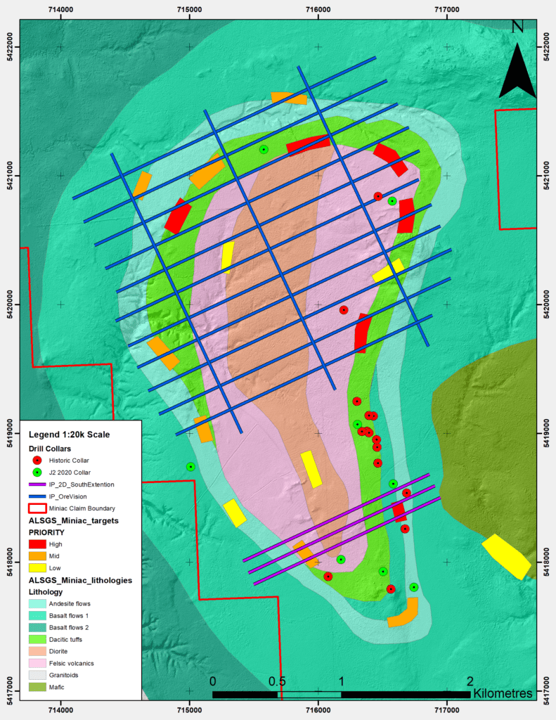 J2 Metals current IP Survey and Historic and Phase I (2020) Borehole Collars at the Miniac Project.