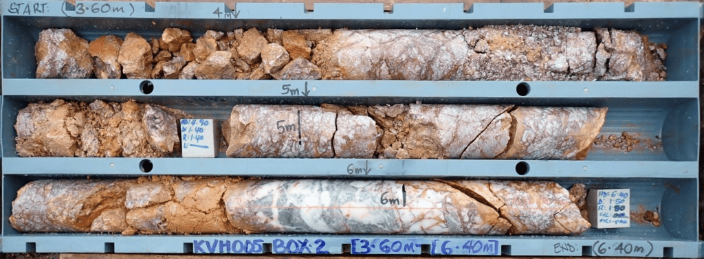 Figure 4: KVH-05 drill core (27.34-29.93 m) showing strong, continuous quartz-carbonate veining and localized hydrothermal brecciation. 