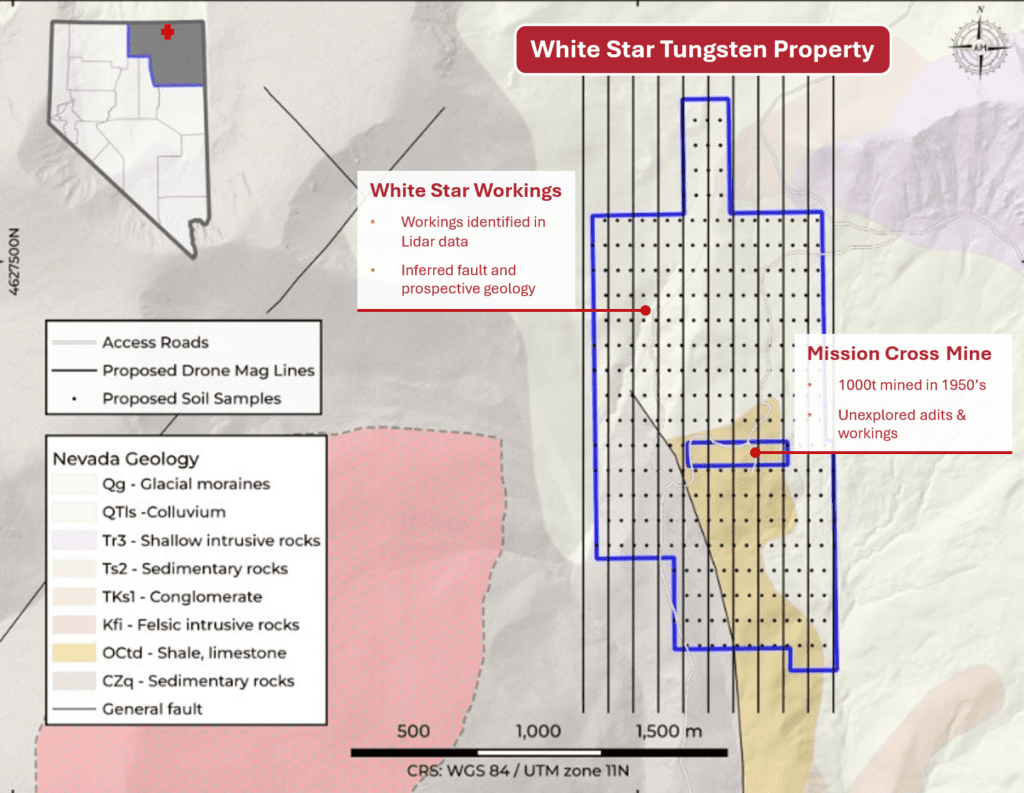 White Star Tungsten Project showing proposed UAV magnetometer survey area, planned soil sampling grid, and historical workings.