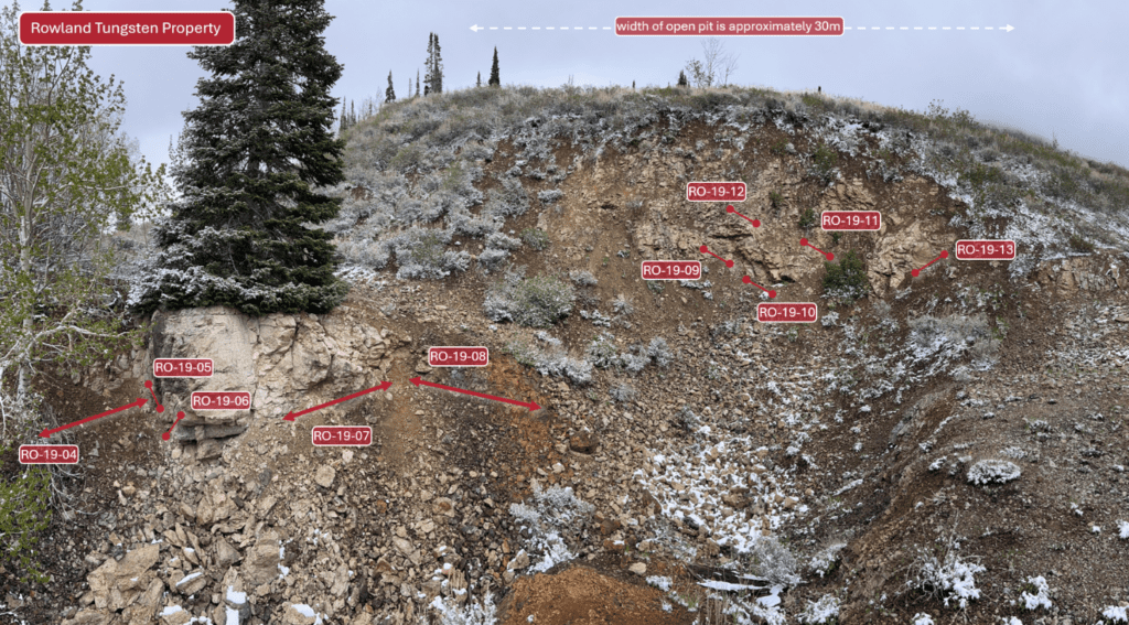 Figure 5: Panoramic image from the Rowland Open Cut showing locations of 1m and 30cm channel samples