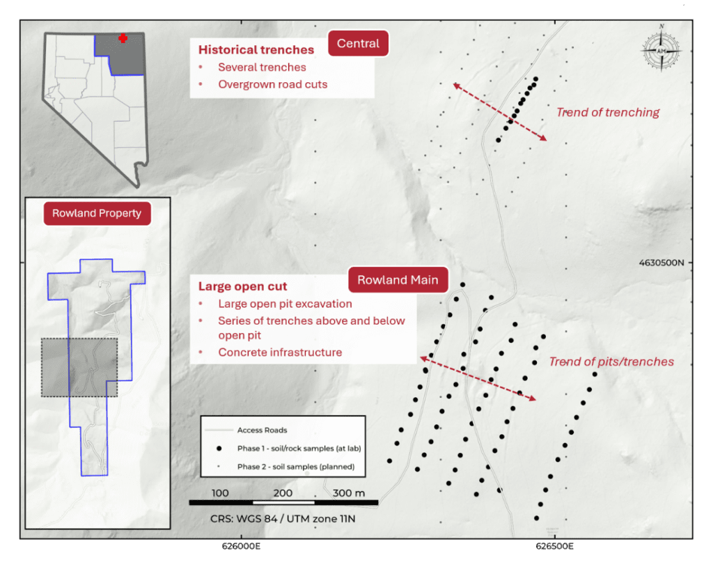 Figure 3: Central Zone and Rowland Main zone showing the phase 1 soil lines/grid and extent of historical workings.