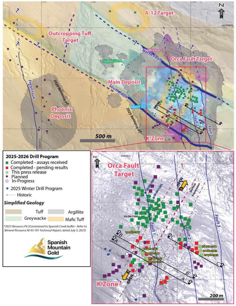 Drill Collar Location Map — 2025-2026 Drill Program. The figure illustrates the collar locations for all 8 drill holes reported in this news release, plus holes with assays pending. 
