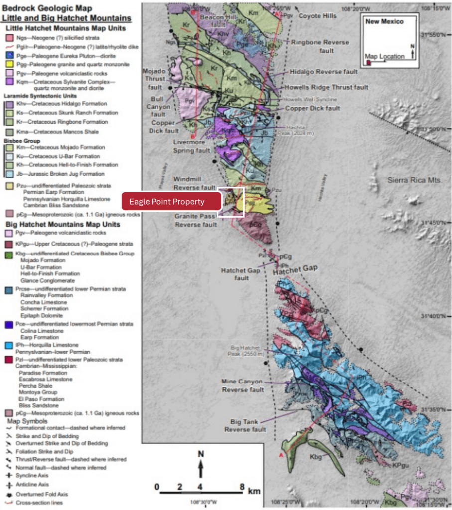 Figure 2: Regional geological setting of the Eagle Point Property, Little Hatchet mining district, Hidalgo County, New Mexico. Figure from Clinkscales et al (2017)