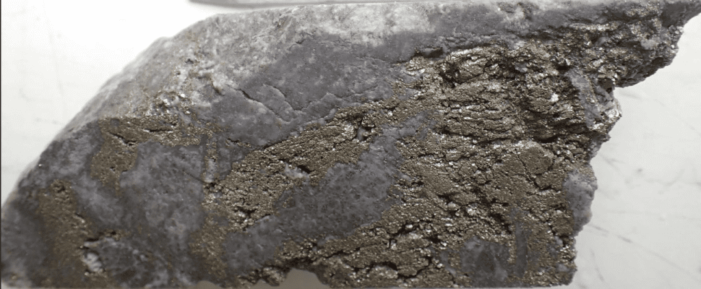 Figure 6: KAS-01 at 462.2 meters downhole as an example of semi-massive sulphide (Pyrite) zone. 