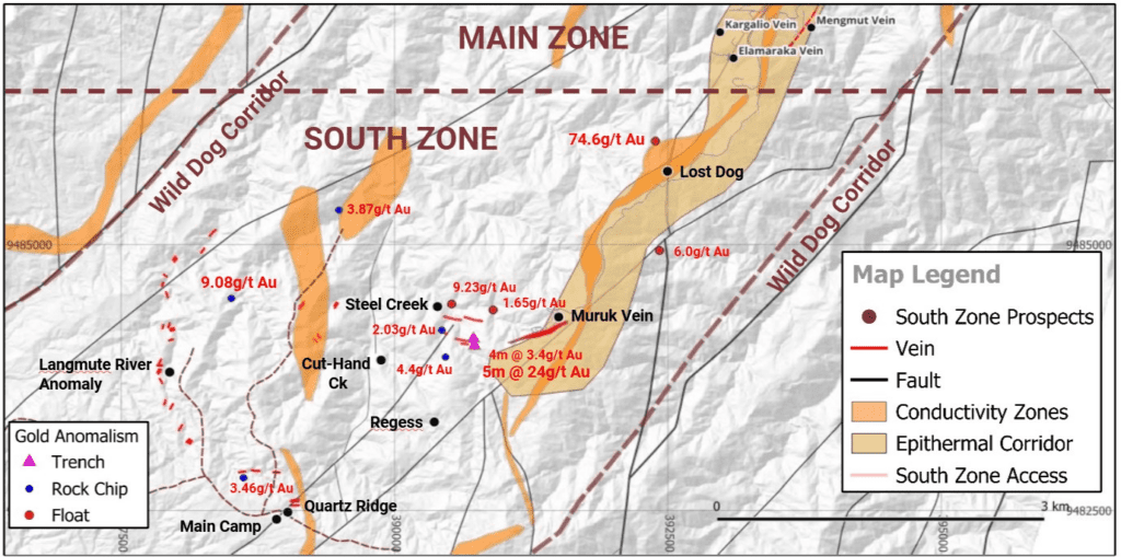 Figure 7: South Zone of the Wild Dog structural corridor – Steel Creek, Mt Regress and surrounding prospects (surface gold rock chips highlighted).
