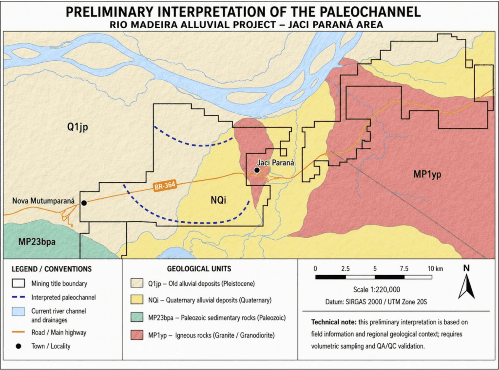 preliminary interpretation of the Jaci Paraná Paleochannel target area at the Madeira River Project. The interpreted paleochannel target remains prospective and requires validation through systematic drilling, controlled sampling, volumetric analysis and QA/QC.