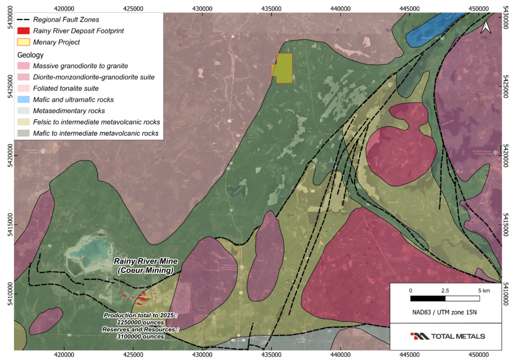 Figure 1. Regional geology of the Rainy River greenstone belt showing the location of the Menary property.