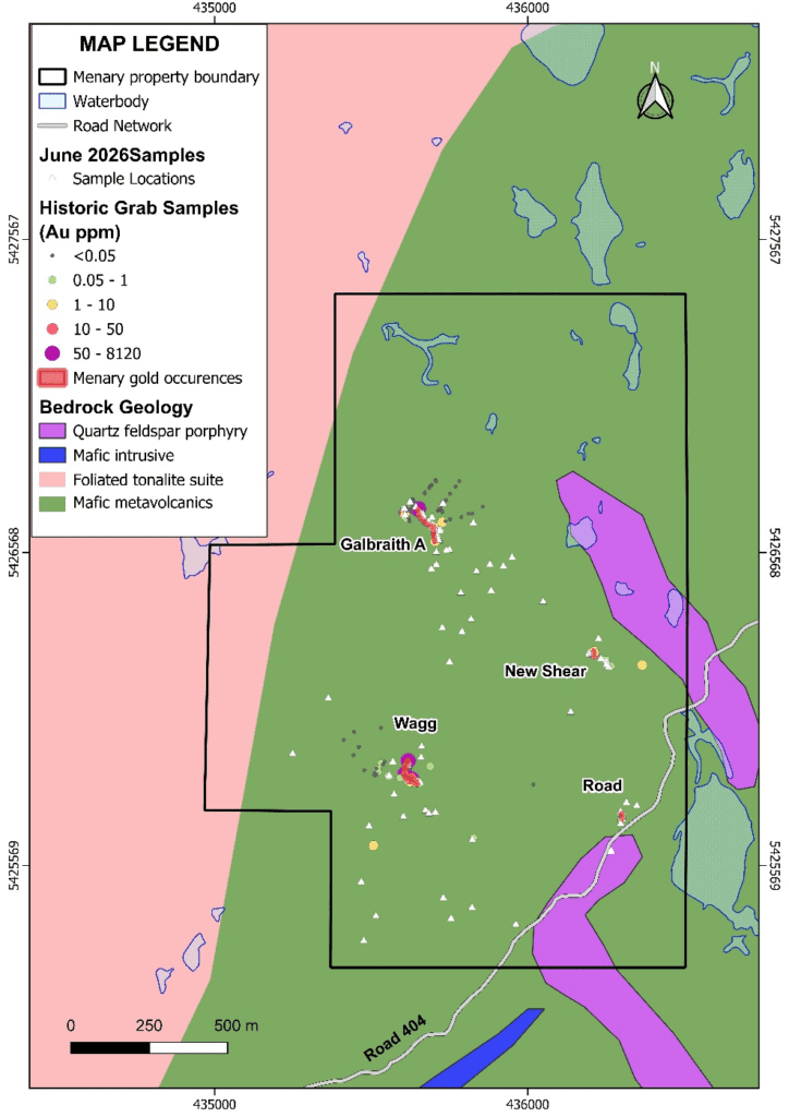 Figure 2. Menary Property geology and gold occurrences showing distribution of samples collected in June 2026 as well as historic grab samples containing up to 8120 ppm gold.