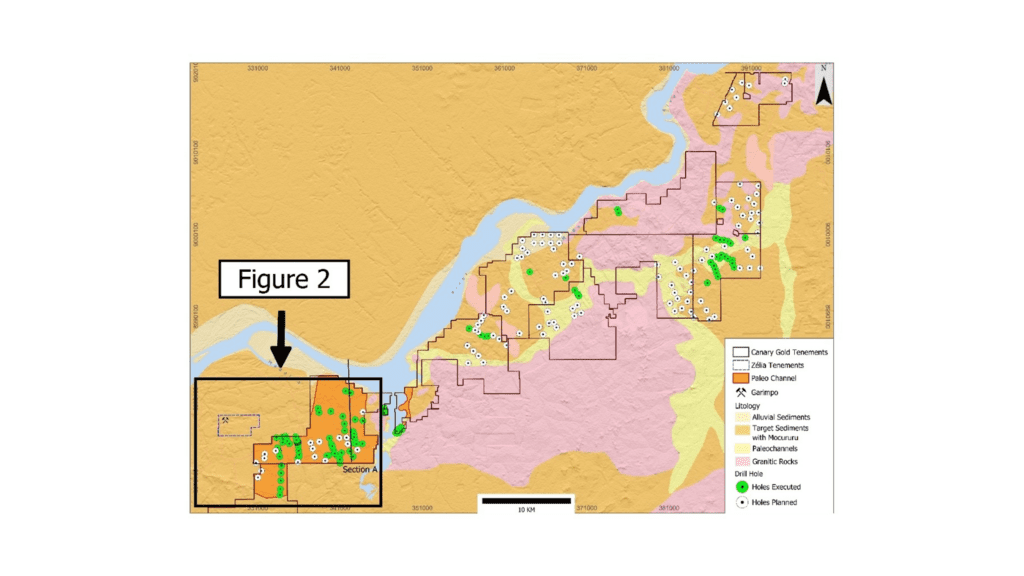 Madeira River Project Location Map – Showing Canary’s consolidated tenement position, proximity to the Madeira River and location of the current interpreted paleochannel target and drilling area.