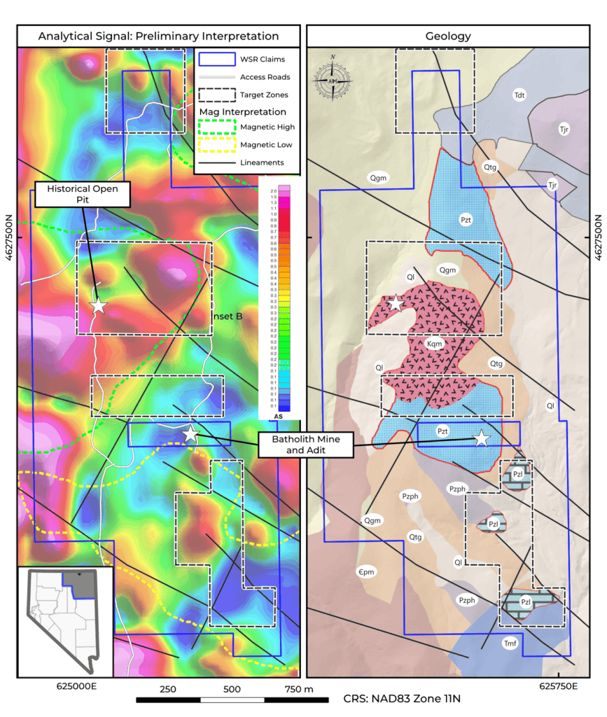 Figure 1: Analytical Signal preliminary interpretation and the existing geological map of the White Star Property.