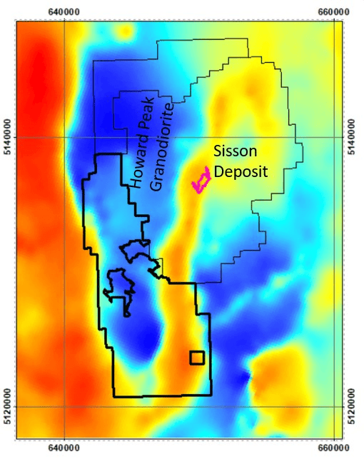 Figure 2 - Regional Magnetic TMI Map showing the magnetic high anomaly that extends south from the Sisson deposit along the East side of the Howards Peak granite