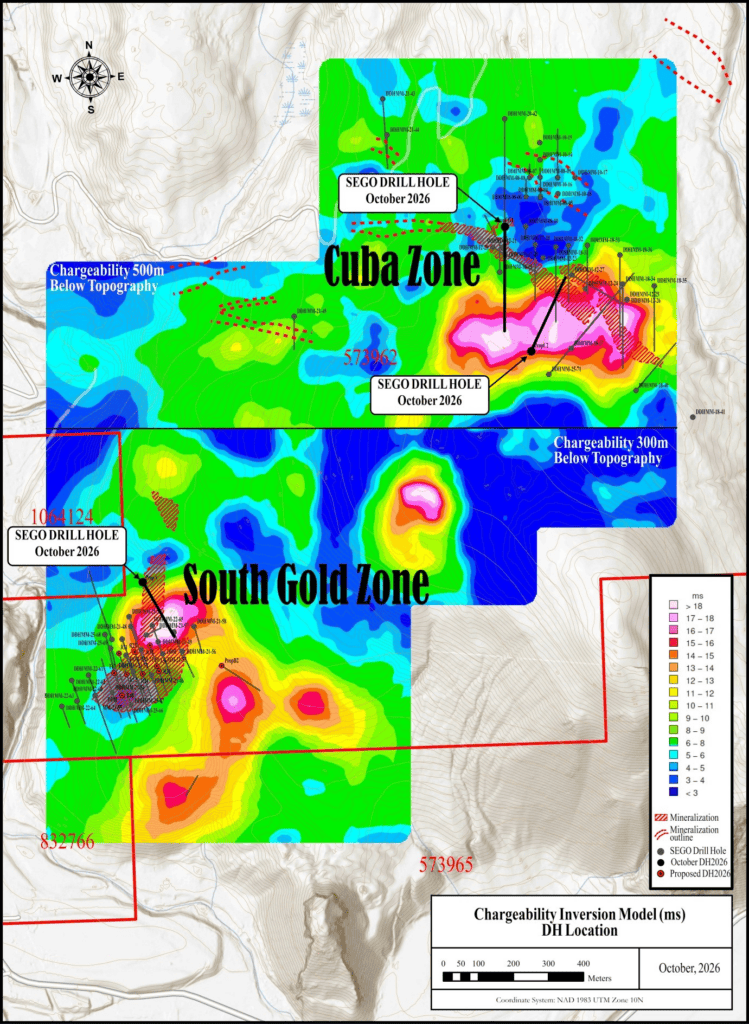Figure 1: Proposed Diamond Drill Holes; the 2 holes in the Cuba Zones target chargeability highs (more than 12 ms) at 500 m depth while the 1 hole in the South Gold Zone targets a chargeability high (more than 12 ms) at 300 m. 