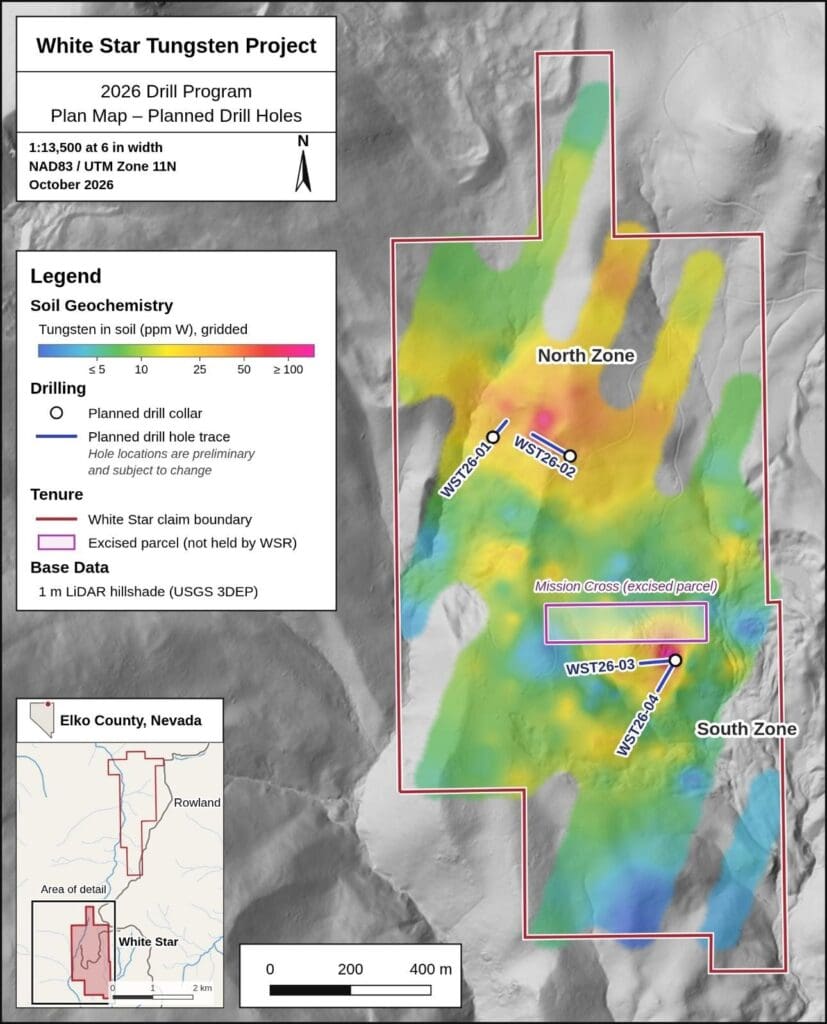Figure 1: Planned drill holes at the White Star Tungsten Project over gridded tungsten-in-soil results. Hole locations are preliminary and subject to adjustment pending field verification and permitting.